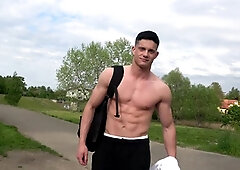 Beefy guy works out and spotlights his crotch