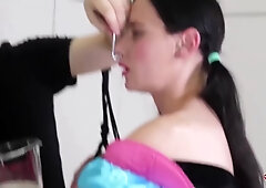 Messy Sub Gagging And Sucking On Dick