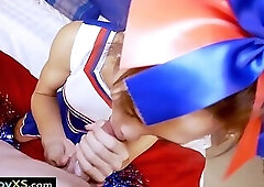 Busty Asian tranny cheerleader bares her ass for interracial anal