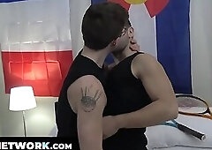 Riley Ross plunges his cock between Ari's legs as the hot trans stud rides him like a champ