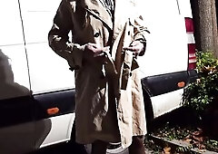 Ebony nylonmaskand monster sex toy outdoor with cum encasement