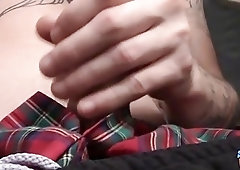 Tattooed gay stud takes clothes off and masturbates while smoking