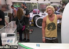 Ash-Blonde queer pawn threesome analed in office of the shop