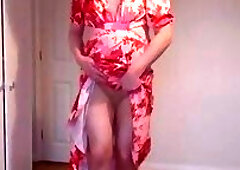 Red summer dress, pantyhose and black heels