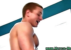 Gay pornstar marcus mojo gets naked and jerks it on a chair