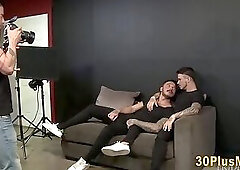 Inked guy spitroaasted and facialized