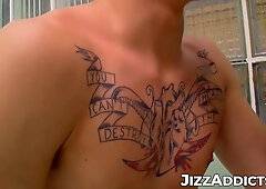 Tattoed twinks Chris Porter and Patrick Kennedy pissing and anal pounding