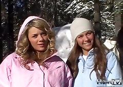 Naughty teen ski babes teasing us flashing