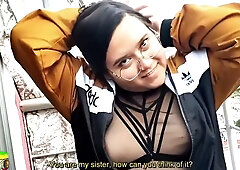 Curvy woman in glasses gives deep throat on a balcony with city views