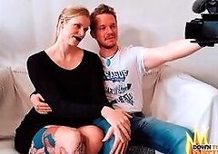 Tattooed blonde Claudia Swea gives her date a blowjob and he bends her over to get fucked on the bed.