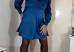 Supah super-sexy crossdresser blue satin and black tights