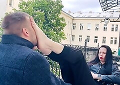 Dita's filthy soles get a thorough cleaning from her submissive's tongue