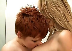 Redheaded Lily Cade and Breasty Brett Rossi've sexy enormous lesbo sex in the washroom at a night club. Fingering and vagina eating.