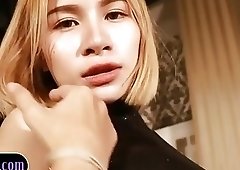 Slim teen ladyboy with big tits gives head in POV