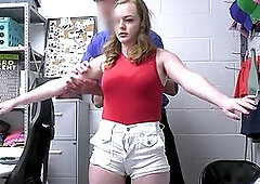 Red teen thief Samantha Reigns has to satisfy two big dicks to avoid jail