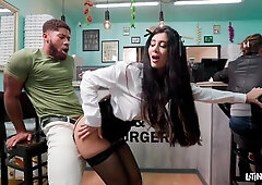 Fake-boobed secretary Marina Maya screwed by two huge dicks