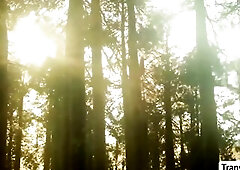 Hawt tgirl and her ally are in the woods setting up their tent.After that,her lustful ally masturbates her twat and mouths some dick on the aperture.N