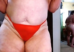 Stripped to the waist, big tits hairy pussy, thick and curvy