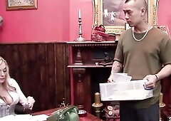 Golden-haired Large Breasts Bombshell Cougar in hot Underware tempt Oriental Male to Cheating Bang at Work