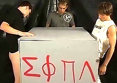 Twink slobbers on three throbbing dicks