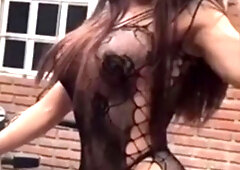 Outdoor quickie anal with perfect tranny booty Latina in pantyhose-suit