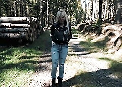 Outdoor Fellatio in the Forest in Levis Jeans and Leather Jacket
