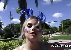 Getting sucked by blonde neighbor for money