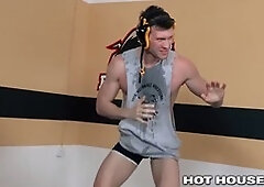 Muscle bareback, gay blowjob, gay riding cock