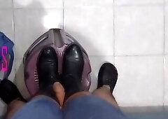 POV VERSION: Mastix in leather riding boots squeeze the shlong with her boots until large spunk fountain
