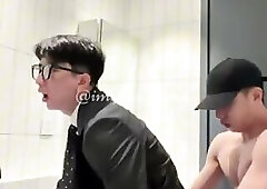 Ducal hot sex with snack in public bathroom