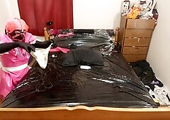 Sissy Maid Cuffed to sofa in purity and Electro pads Self bondage