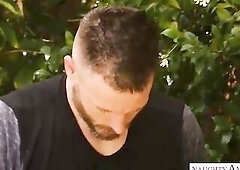 Short haired, golden-haired woman with large melons, Ryan Keely is screwing a younger man, on the sofa