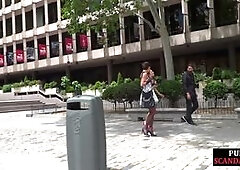 Mistress n master showing their naked sub in public outdoor