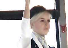 Beautiful flight attendants are often having fun in the bus, on their way to work