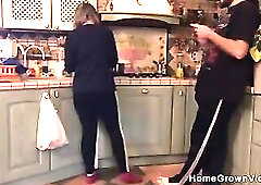 This stud watches his wife pee then has her suck his rod and eventually bows her over in the centre of the kitchen!