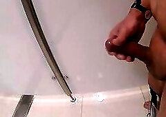 Wet and soapy games with my shaved, thick foreskin cock in a public shower room. (S)