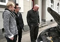 Titless worker Conny Dachs gets fucked by two lewd dudes