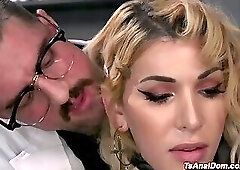 Beautiful trans bound and anal fucked by tattooed scientist