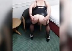 Sissy Tv crossdresser whore Nottstvslut in leather basque and nylons