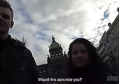 Hunt4k. busty brunette gets her hairless labia nailed for money