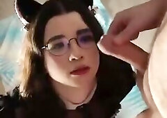 FEM sucks cock gets facial and cums