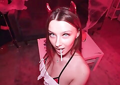 Devilish babe choses big cock instead of treat and gets messy facial