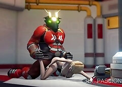 Alien monster dominates a young ash-blonde in the sci-fi lab