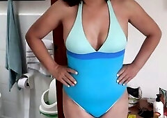 Clip 1 of three - My bushy wife, Latin mother shows off on the beach, bikini, masturbation, screws, cums