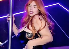 A glamorous and voluptuous Lalin girl beauty performs a very hawt dance for a customer in a bar wearing a short costume and high boots. This babe star