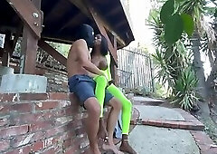 Ebony shemale fucks her bf's mouth outside