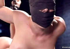 Big tits blonde Milf Cherie DeVille in wooden praying stock gets ass whipped then gets shackled to the wall in upside down position till gets feet flo