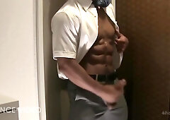 Oriental Bodybuilder At Bathroom Office Receive Job