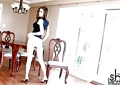 The breasty Shay Laren likes to show u her pretty body, so that babe performs a striptease where that babe shows off her large natural bazookas and he