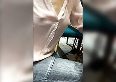 Teasing my wife's teats and making 'em hard during the time that this babe is braless in a cafe